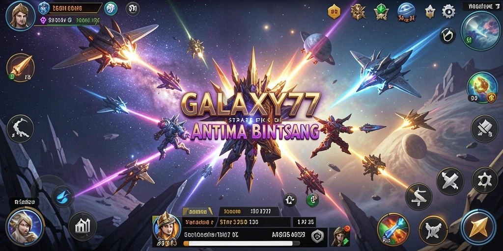 Screenshot gameplay GALAXY77 menampilkan pertarungan strategi luar angkasa.