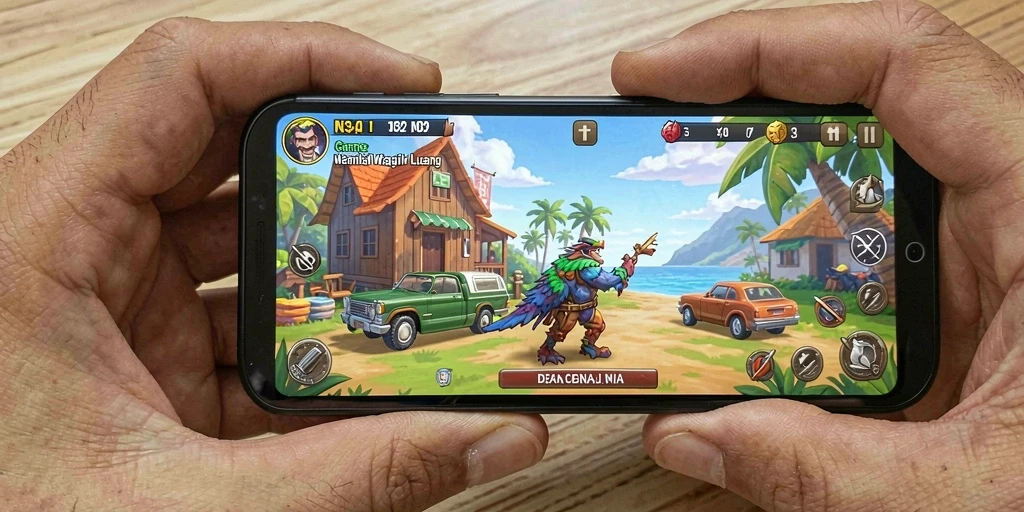 Tampilan gameplay <strong>N32</strong> menampilkan karakter yang bekerja secara otomatis mengumpulkan sumber daya.