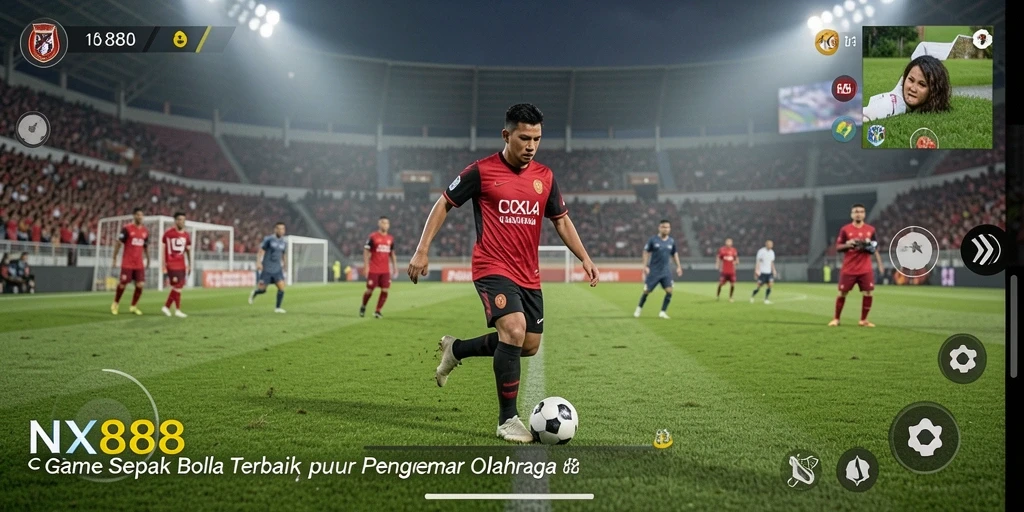Screenshot gameplay NX888 menunjukkan aksi seru pertandingan sepak bola.